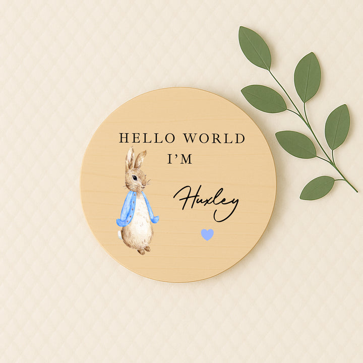 Personalised Blue Rabbit Wooden Announcement Plaque