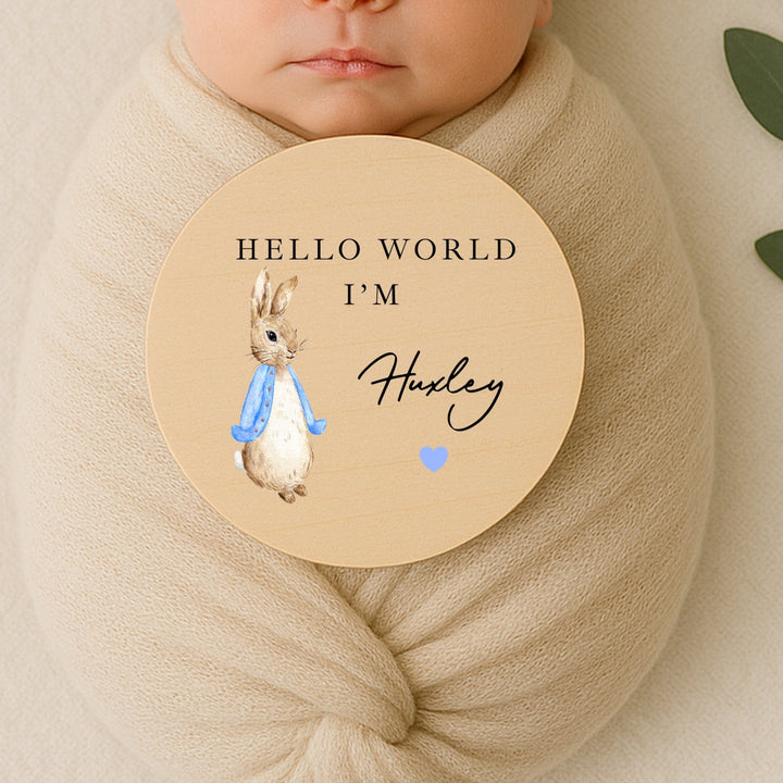 Personalised Blue Rabbit Wooden Announcement Plaque