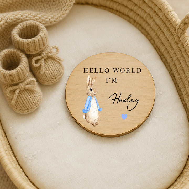 Personalised Blue Rabbit Wooden Announcement Plaque