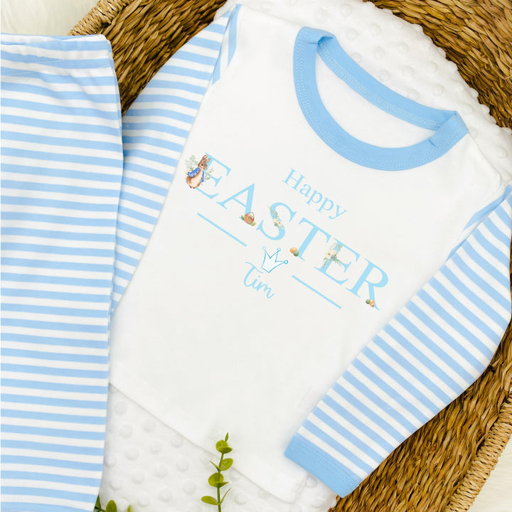 Happy Easter Personalised Blue Bunny Stripe Pyjamas