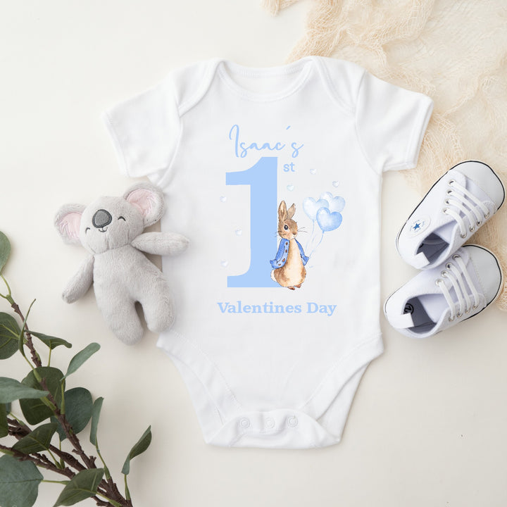 Personalised First Valentines Blue Rabbit Babygrow/Vest