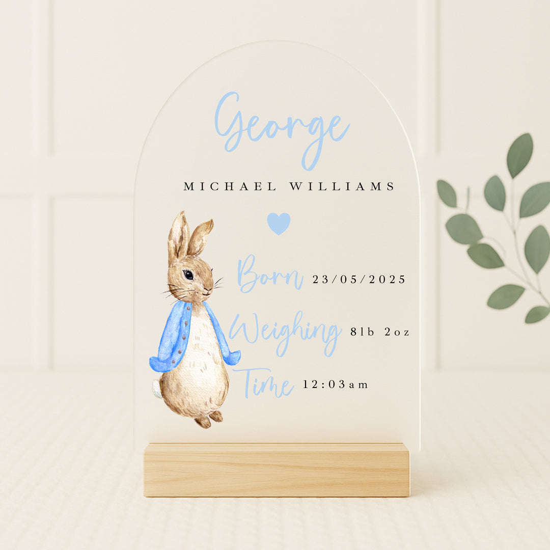 Personalised Blue Rabbit Birth Stats Plaque