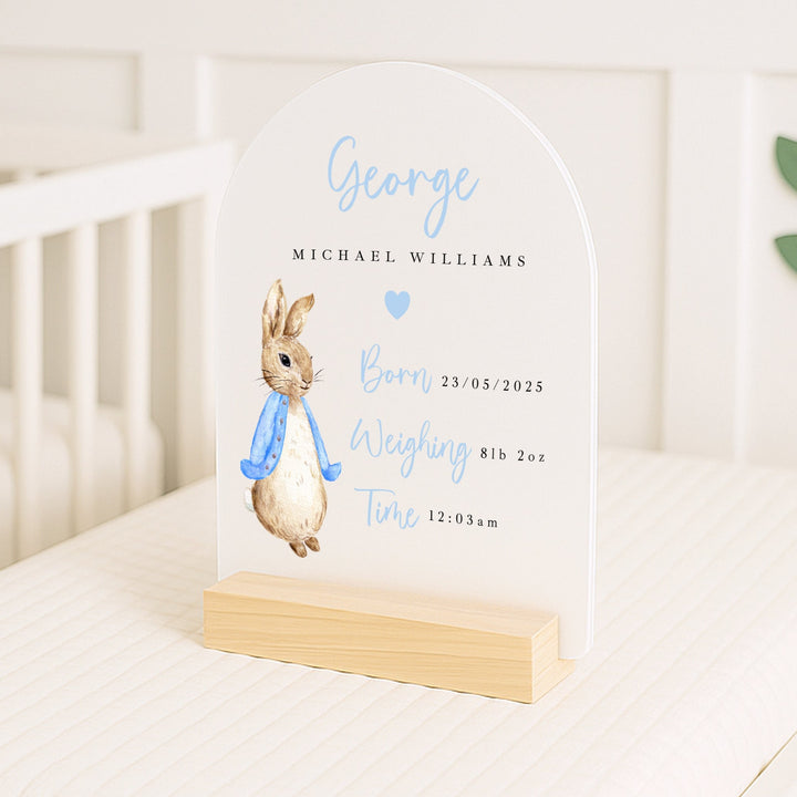 Personalised Blue Rabbit Birth Stats Plaque