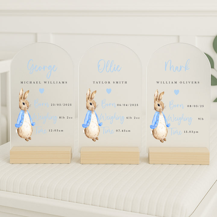 Personalised Blue Rabbit Birth Stats Plaque