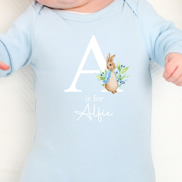 Personalised Boy Rabbit with White Initial & Name Blue Babygrow/Romper/Vest Blanket or Hat