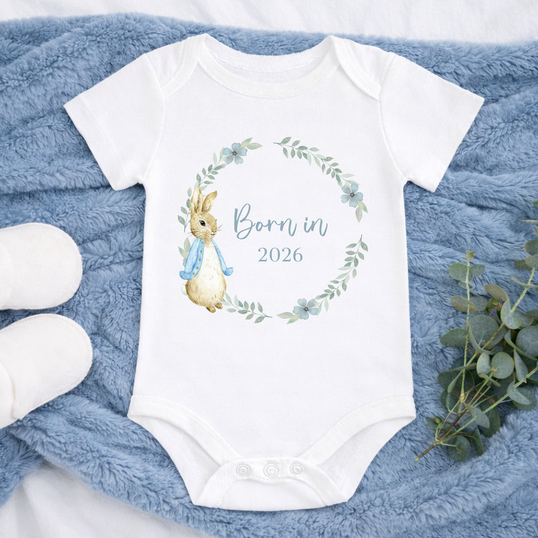 Blue Rabbit Wreath Born in 2026 Baby Grow, Vest or Bib