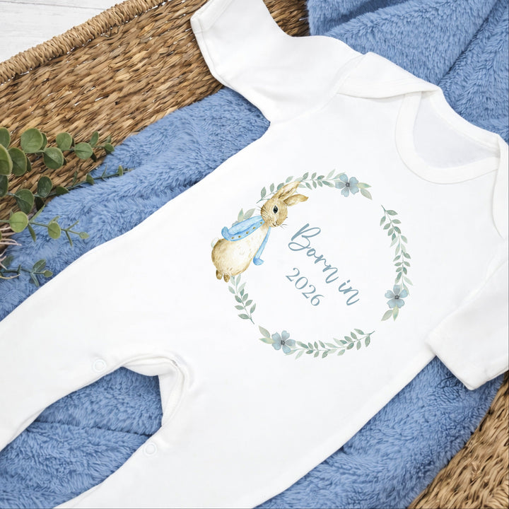 Blue Rabbit Wreath Born in 2026 Baby Grow, Vest or Bib
