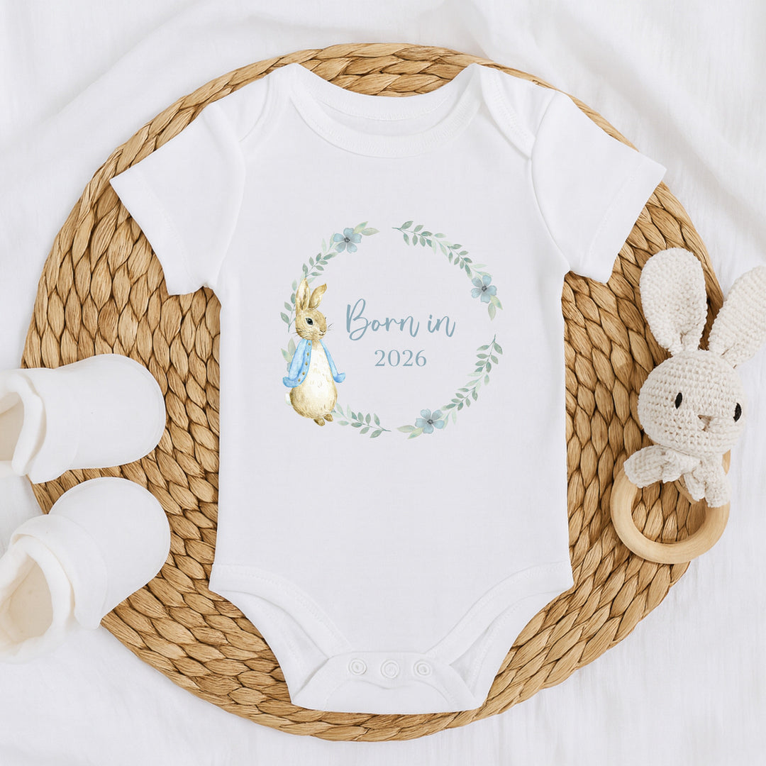 Blue Rabbit Wreath Born in 2026 Baby Grow, Vest or Bib