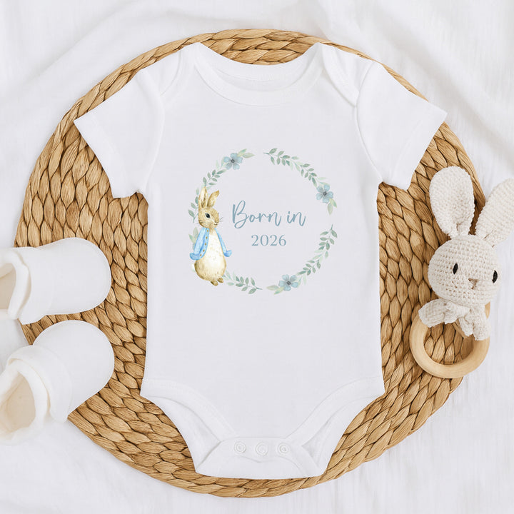 Blue Rabbit Wreath Born in 2026 Baby Grow, Vest or Bib