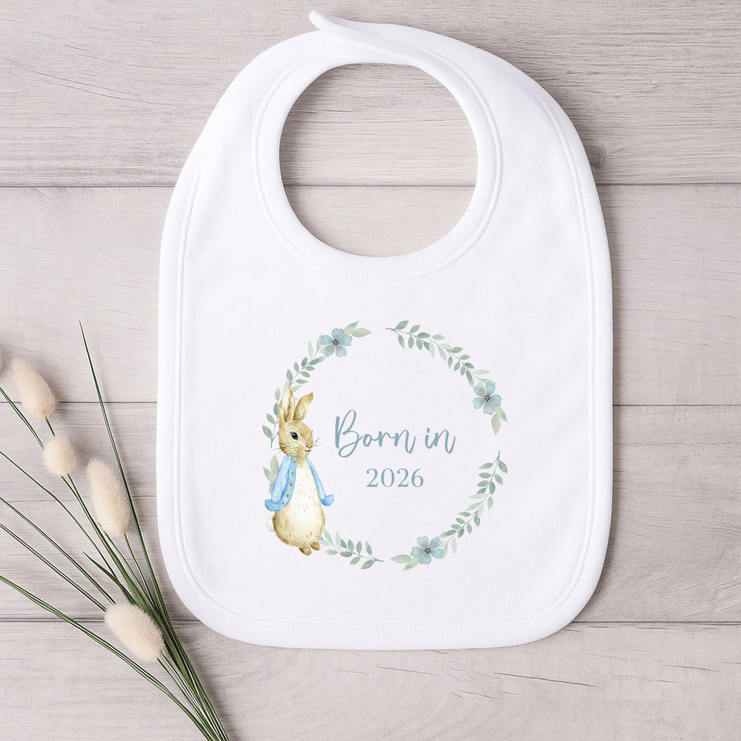 Blue Rabbit Wreath Born in 2026 Baby Grow, Vest or Bib