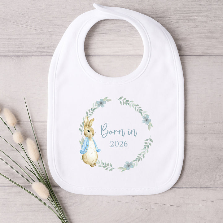 Blue Rabbit Wreath Born in 2026 Baby Grow, Vest or Bib