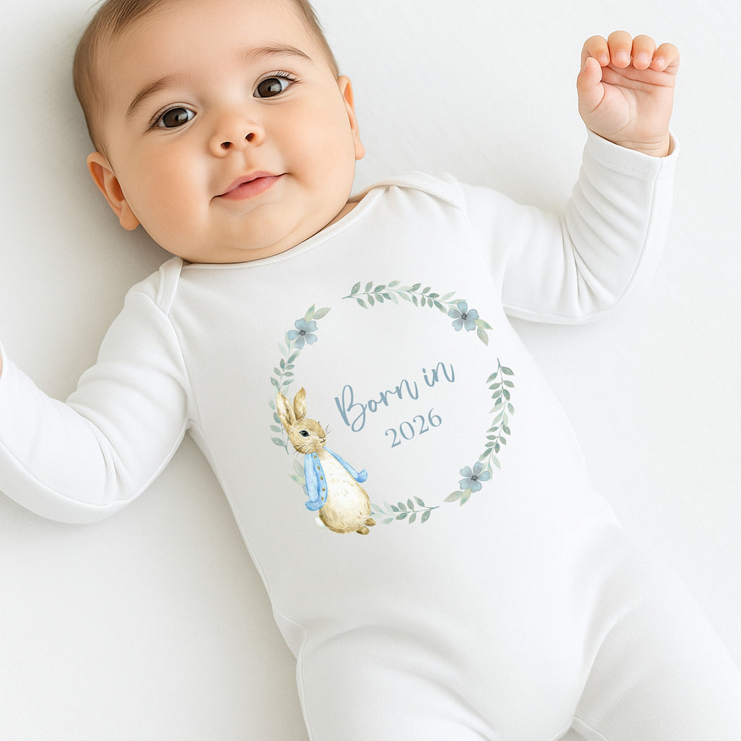 Blue Rabbit Wreath Born in 2026 Baby Grow, Vest or Bib