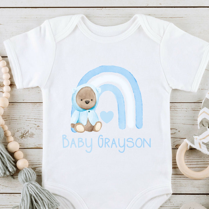 Personalised Blue Rainbow Bear Outfit Babygrow/Vest