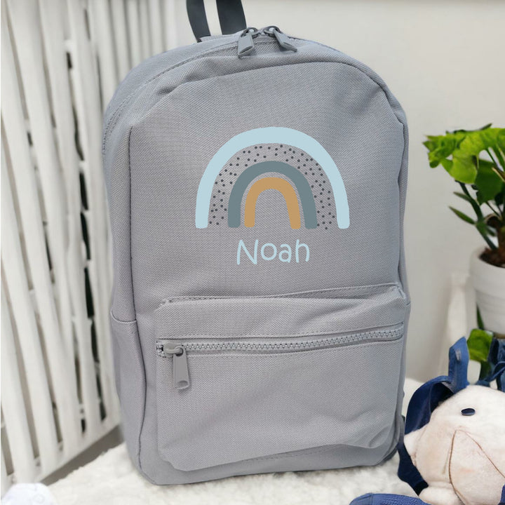Personalised Blue Rainbow Grey Backpack