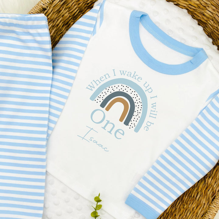 Blue Stripe birthday pyjamas that say 'When I wake up I will be One Riley' This design features a blue rainbow