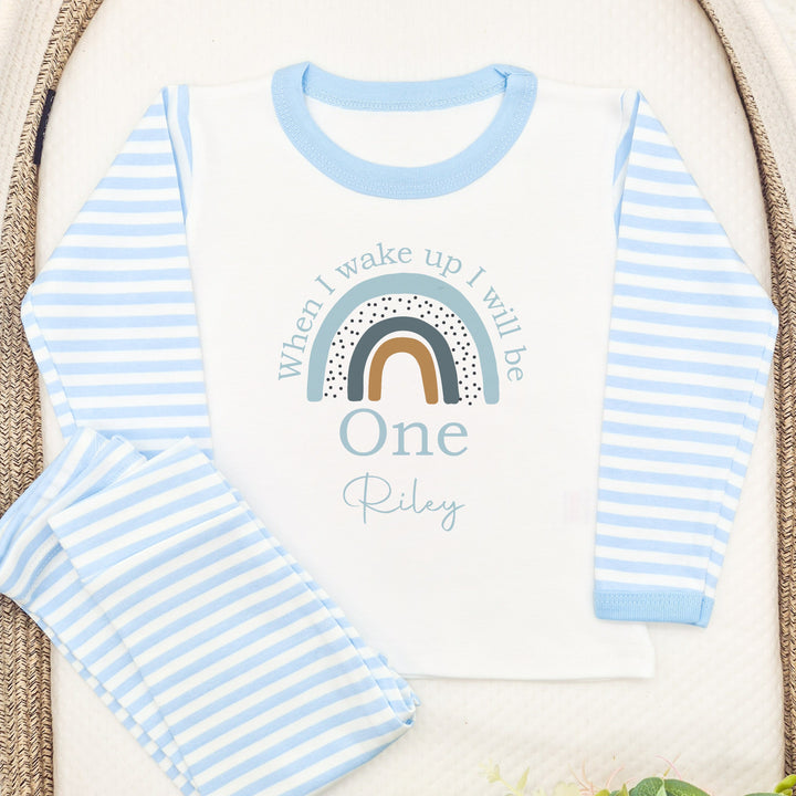 Blue Stripe birthday pyjamas that say 'When I wake up I will be One Riley' This design features a blue rainbow