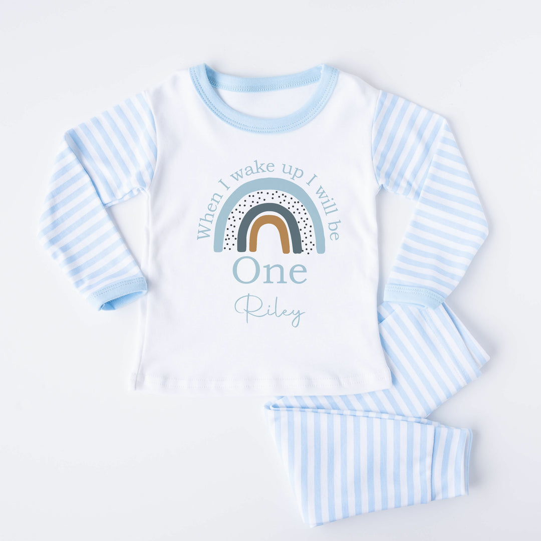 Blue Stripe birthday pyjamas that say 'When I wake up I will be One Riley' This design features a blue rainbow