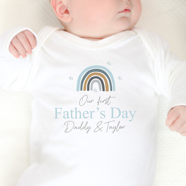 Personalised Our First Father's Day Blue Rainbow Babygrow/Vest