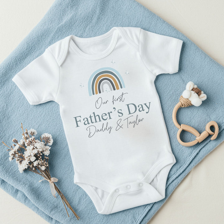 Personalised Blue Rainbow First Father's Day Romper or Baby Grow