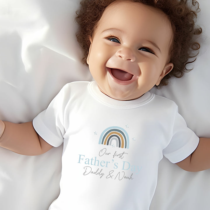 Personalised Our First Father's Day Blue Rainbow Babygrow/Vest