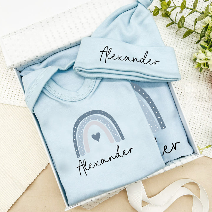 Personalised Blue Rainbow Baby Clothing Optional Hamper Gift Set