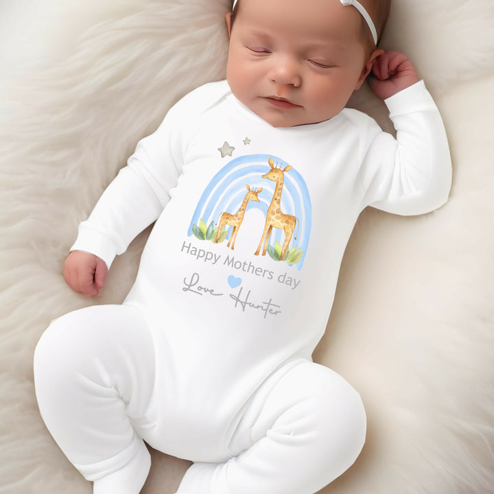 Personalised Our First Mother's Day Blue Rainbow Giraffe Babygrow/Vest