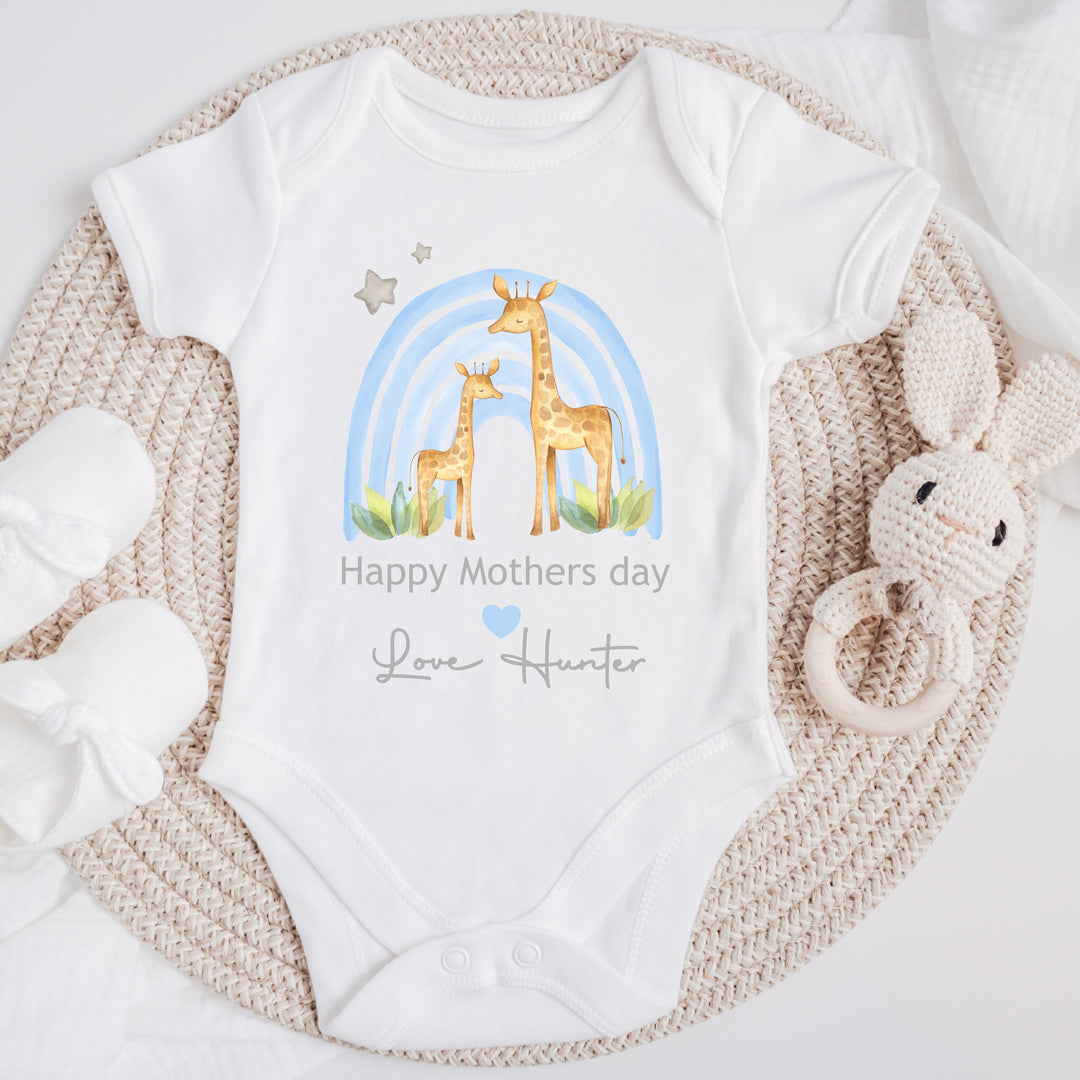 Personalised Our First Mother's Day Blue Rainbow Giraffe Babygrow/Vest