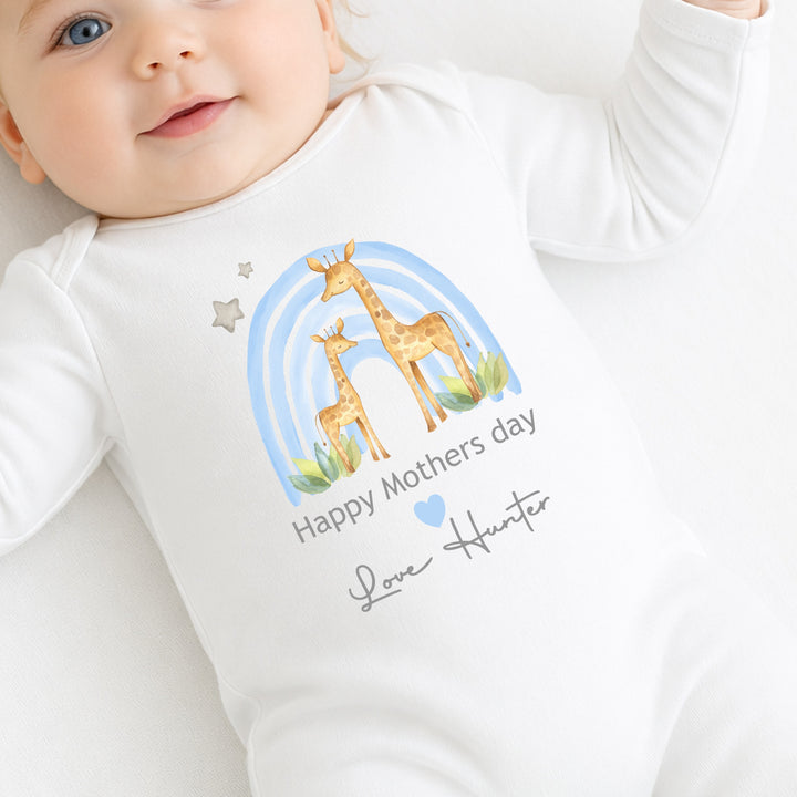 Personalised Our First Mother's Day Blue Rainbow Giraffe Baby Grow or Vest