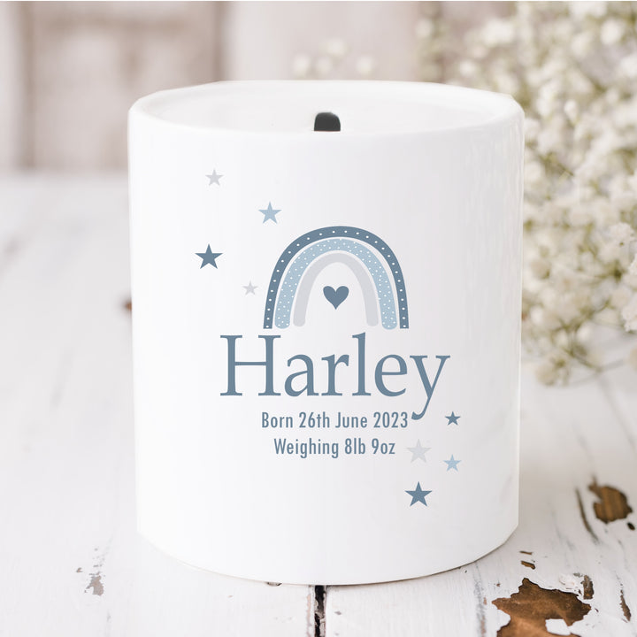Personalised Blue Rainbow Ceramic Money Box