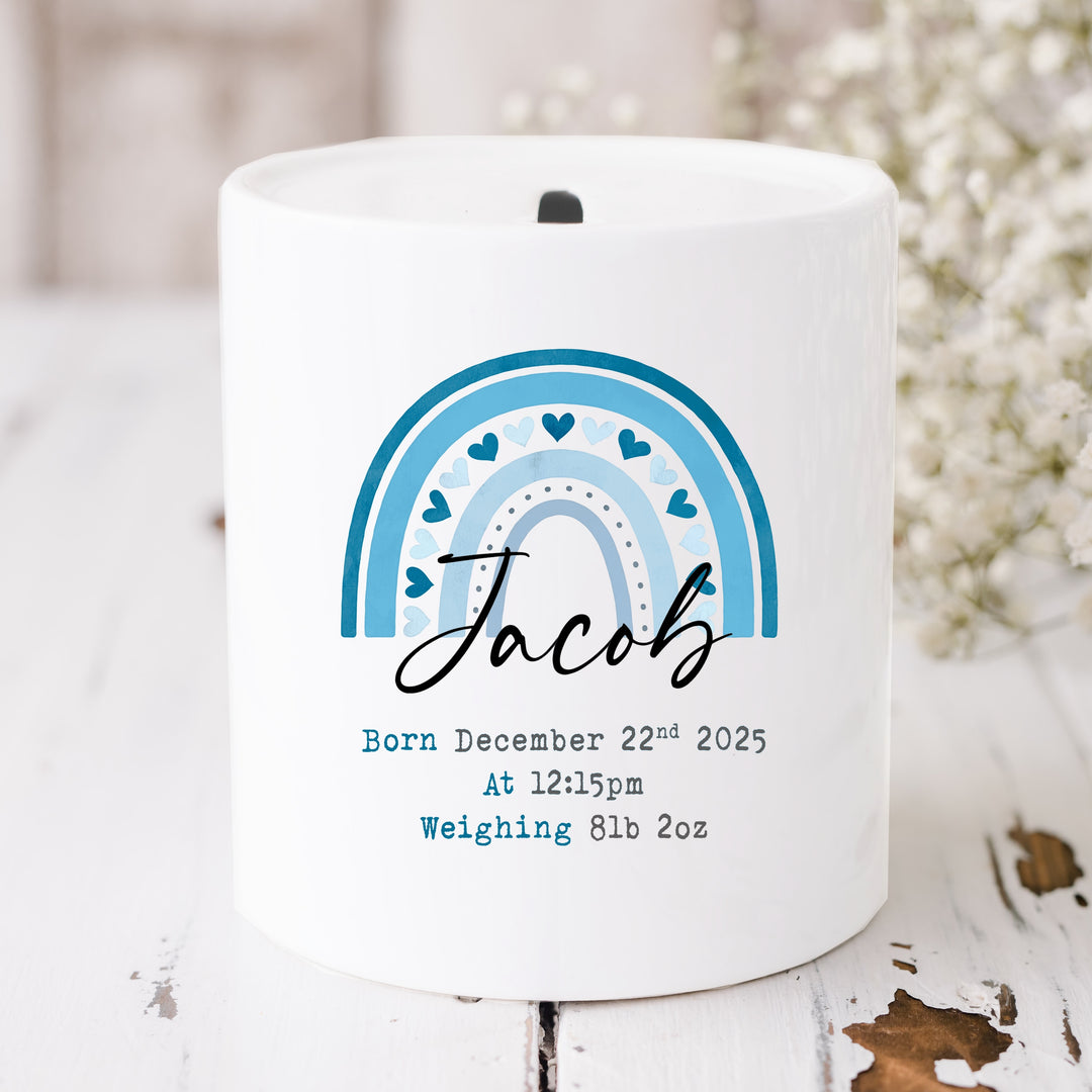 Personalised Blue Rainbow Ceramic Money Box