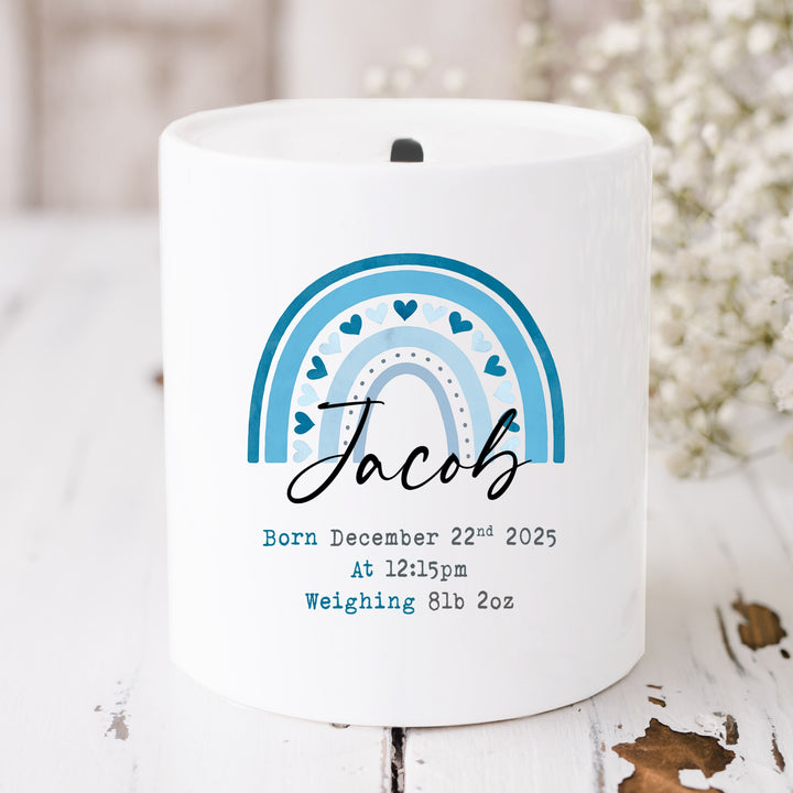Personalised Blue Rainbow Ceramic Money Box