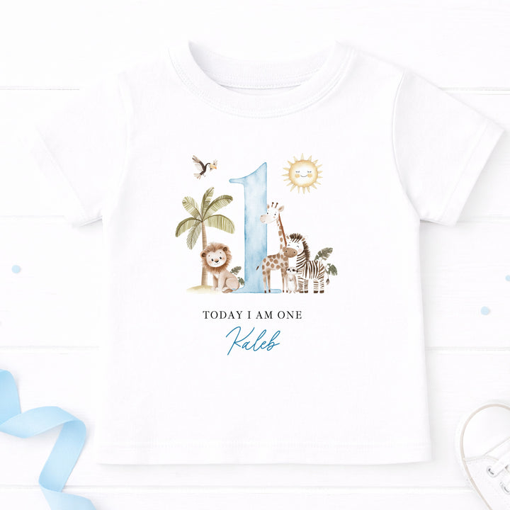Personalised Blue Safari Today I Am One Birthday T-Shirt