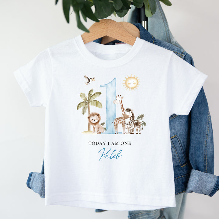 Personalised Blue Safari Today I Am One Birthday T-Shirt