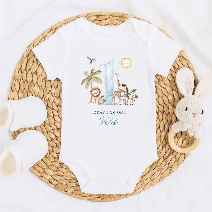 Personalised Blue Safari Today I Am One First Birthday Vest