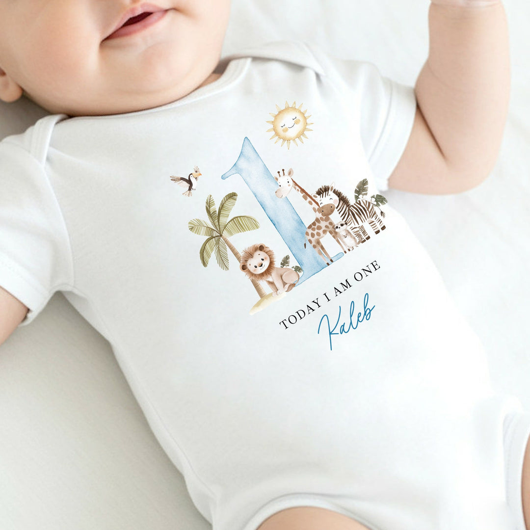 Personalised Blue Safari Today I Am One First Birthday Vest