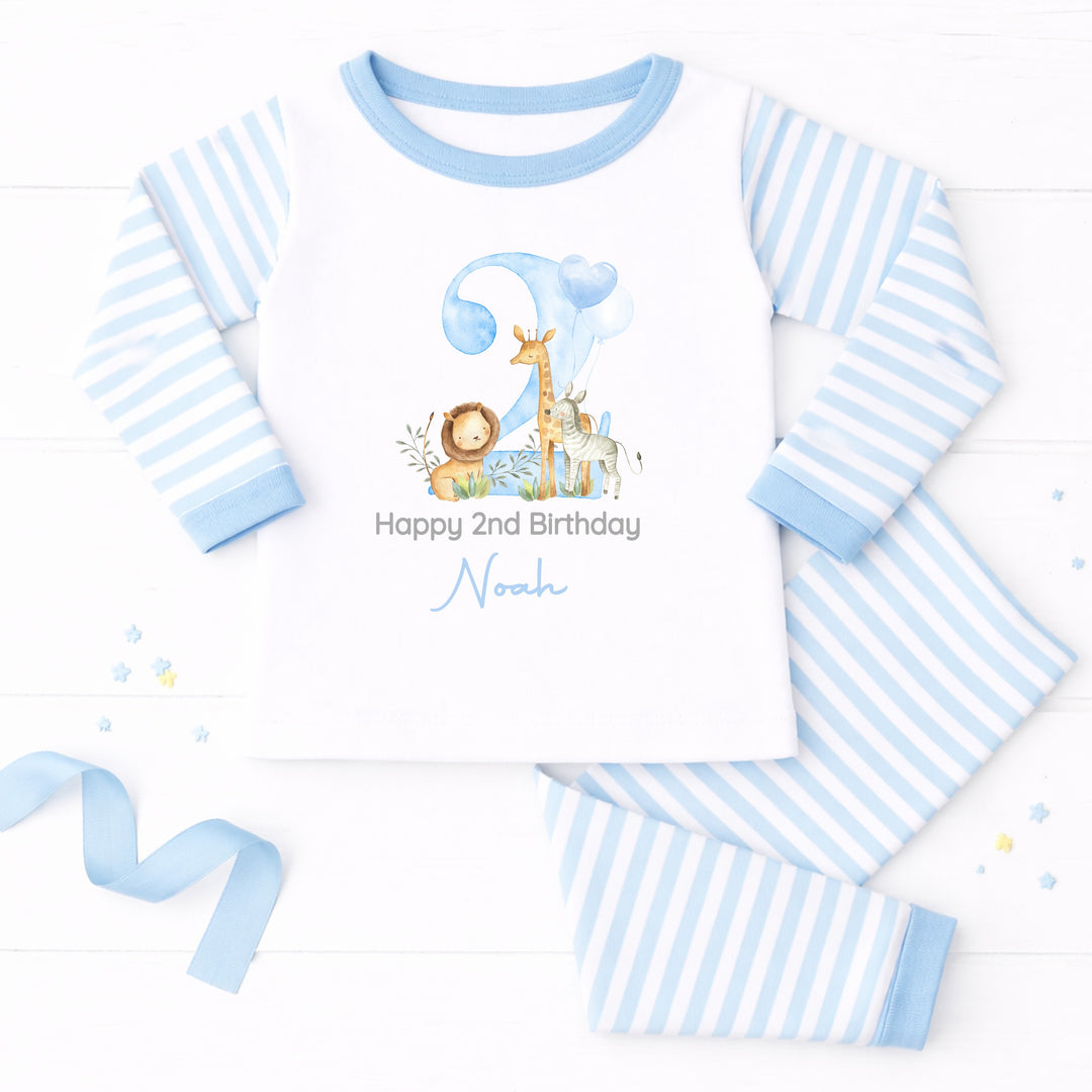 Personalised Blue Jungle Happy Second Birthday Pyjamas