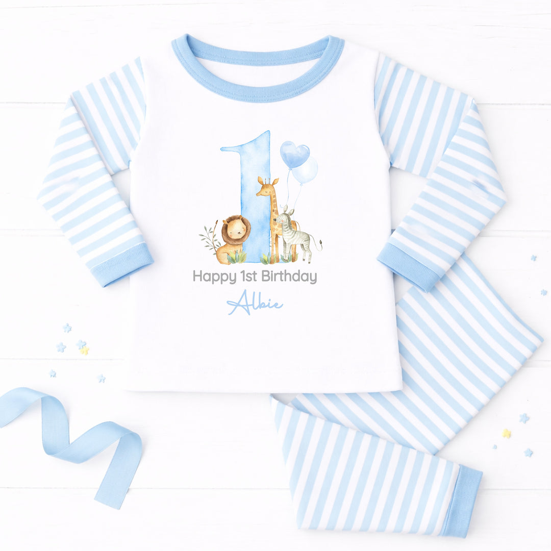 Personalised Blue Jungle Happy First Birthday Pyjamas