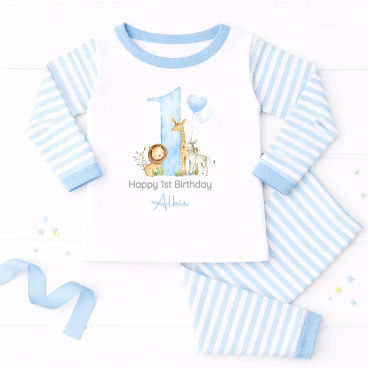 Personalised Blue Jungle Happy First Birthday Pyjamas