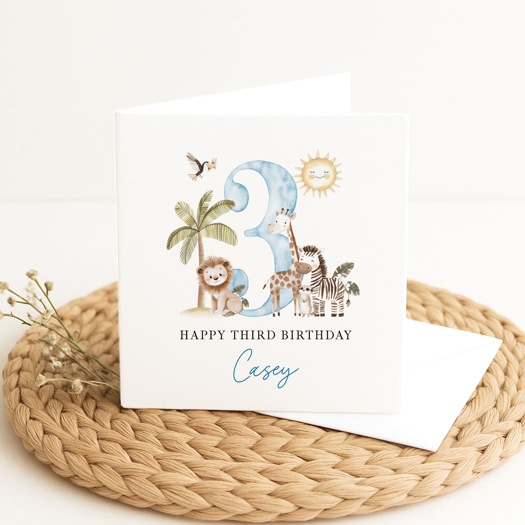 Personalised Blue Safari Any Age Birthday Card