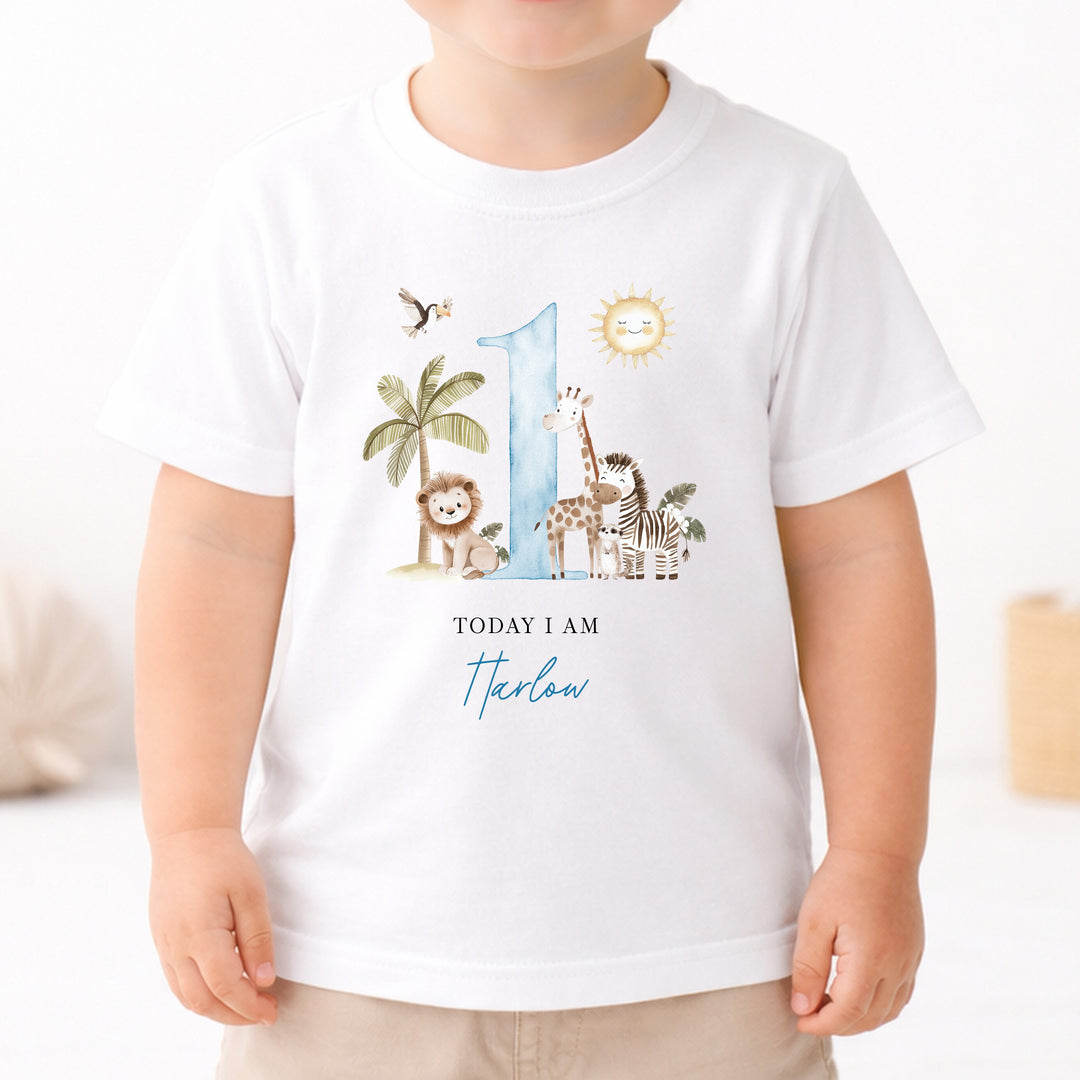 Personalised Blue Safari Today I Am One Birthday T-Shirt