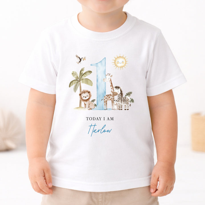 Personalised Blue Safari Today I Am One Birthday T-Shirt