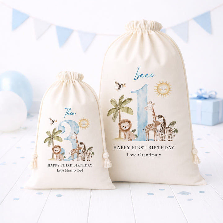 Personalised Blue Safari Birthday Gift Sack