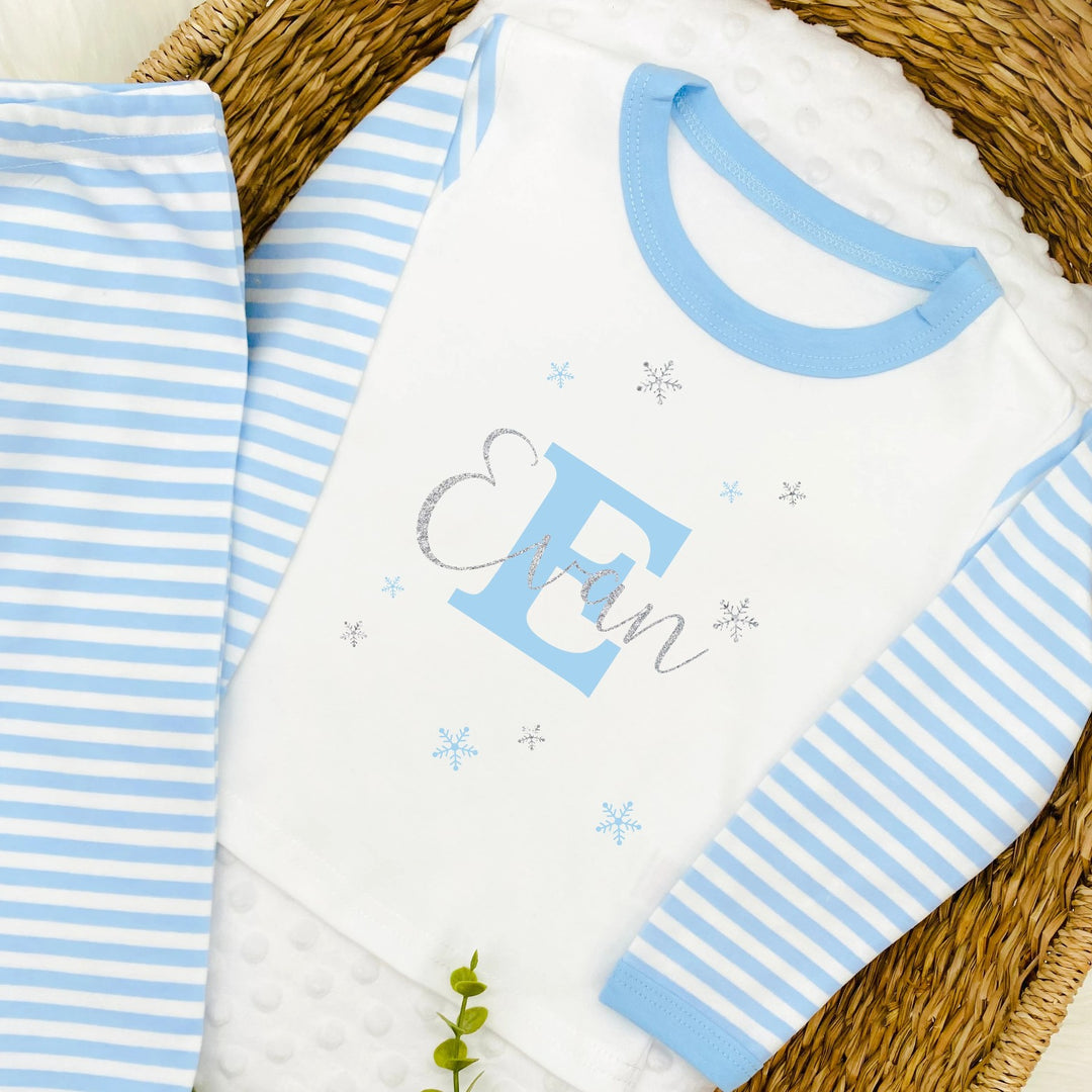 Blue Silver Glitter Initial Blue Striped Christmas Pyjamas