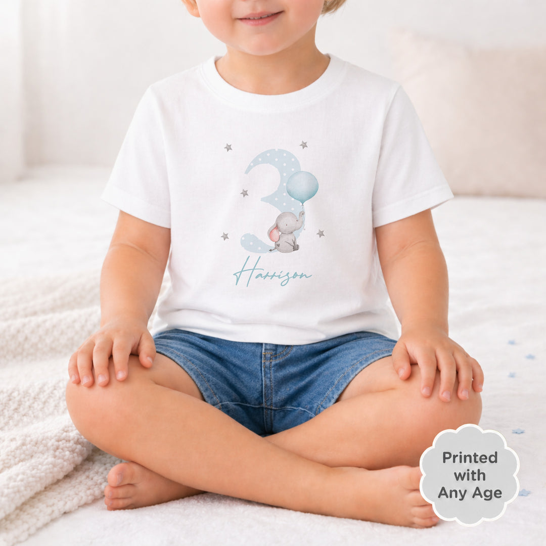 Personalised Blue Elephant Any Age Birthday T-shirt