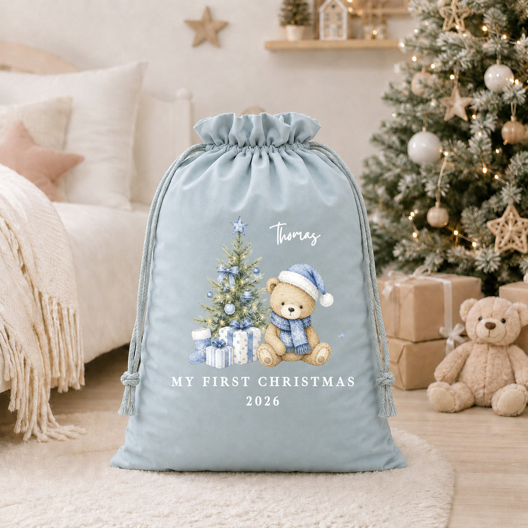 Personalised Blue Bear Tree My First Christmas Stocking or Santa Sack