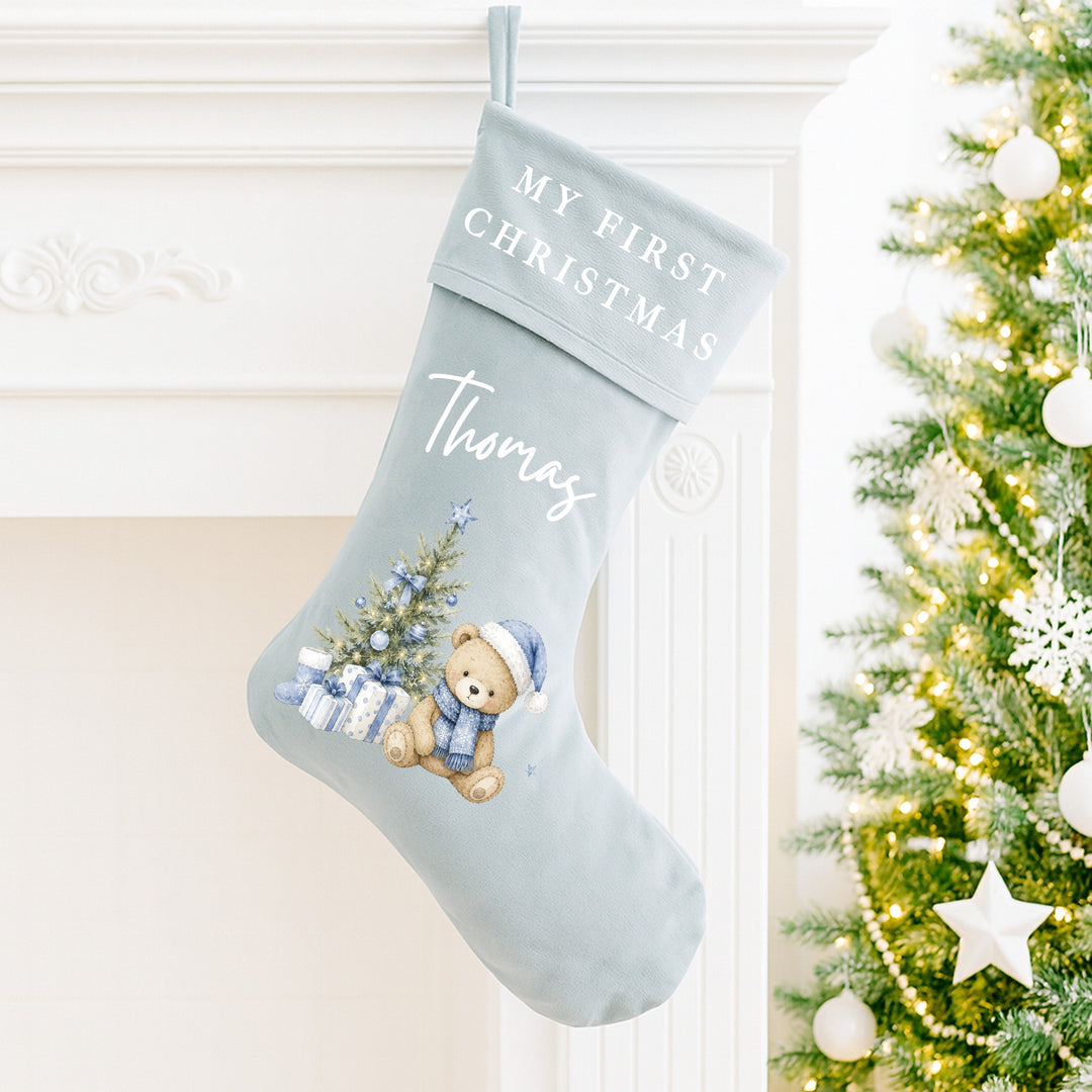 Personalised Blue Bear Tree My First Christmas Stocking or Santa Sack