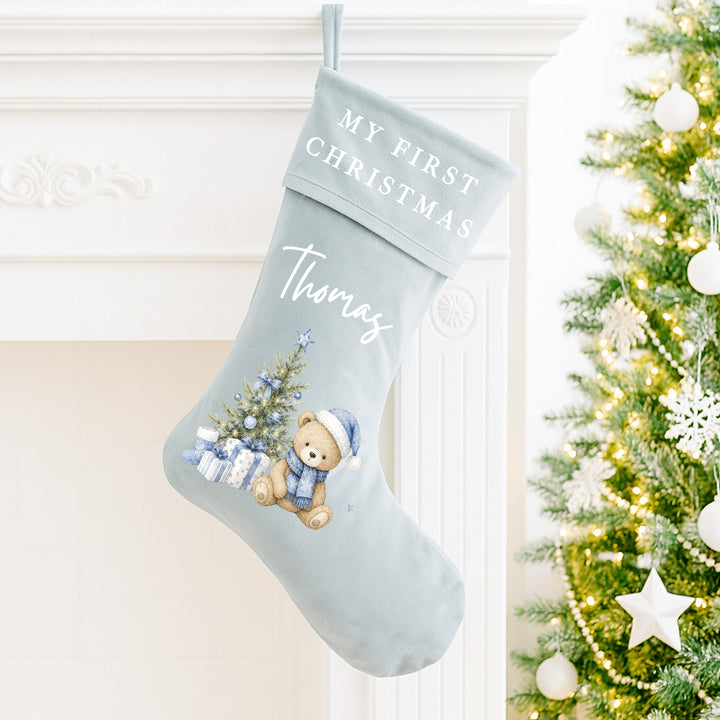 Personalised Blue Bear Tree My First Christmas Stocking or Santa Sack