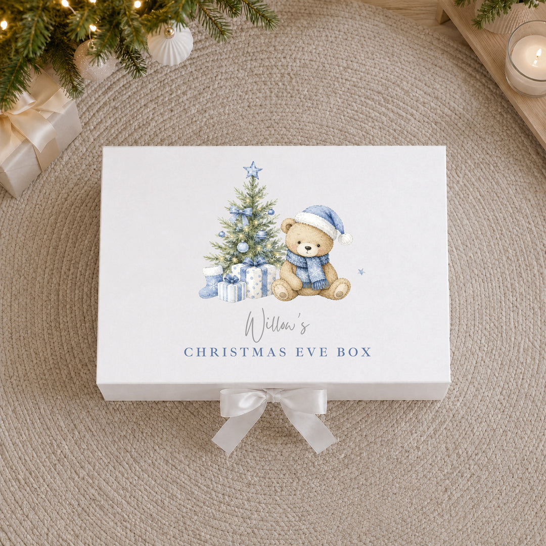 Personalised Blue Bear Tree Christmas Eve Box