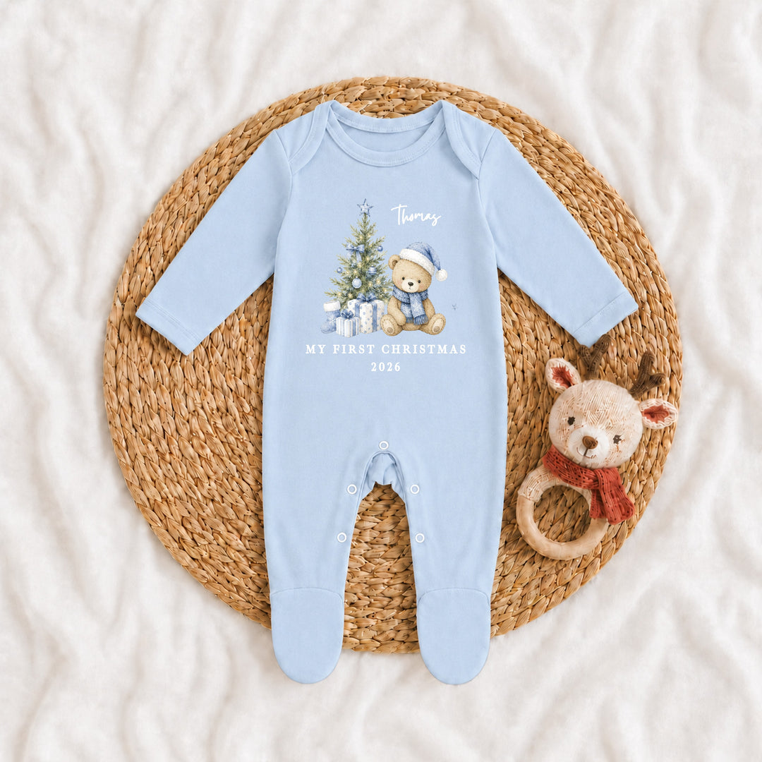 Personalised Blue Bear Tree My First Christmas Baby Grow Or Vest