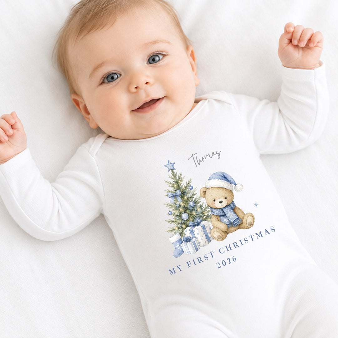 Personalised Blue Bear Tree My First Christmas Baby Grow Or Vest